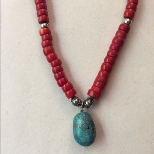 Vintage Navajo Coral beads & Turquoise necklace with Sterling clasp